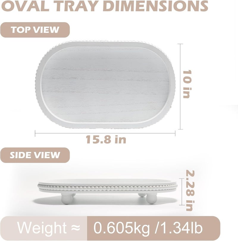 SYNCVIBE Wooden Decorative Tray for Home Decor, Beaded White Oval Tray Decor for Coffee Table, Rustic Wood Serving Trays Farmhouse Centerpieces for Living Room Kitchen Counter (White Oval) - Image 3